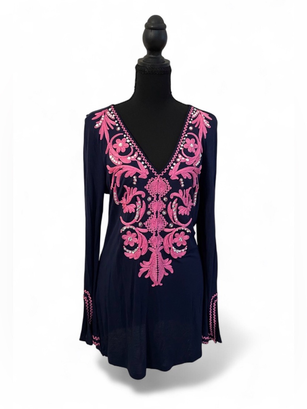 INC Embroidered Blouse Top Cover Up Tunic Blue Pink Rhinestones Resortwear Glam